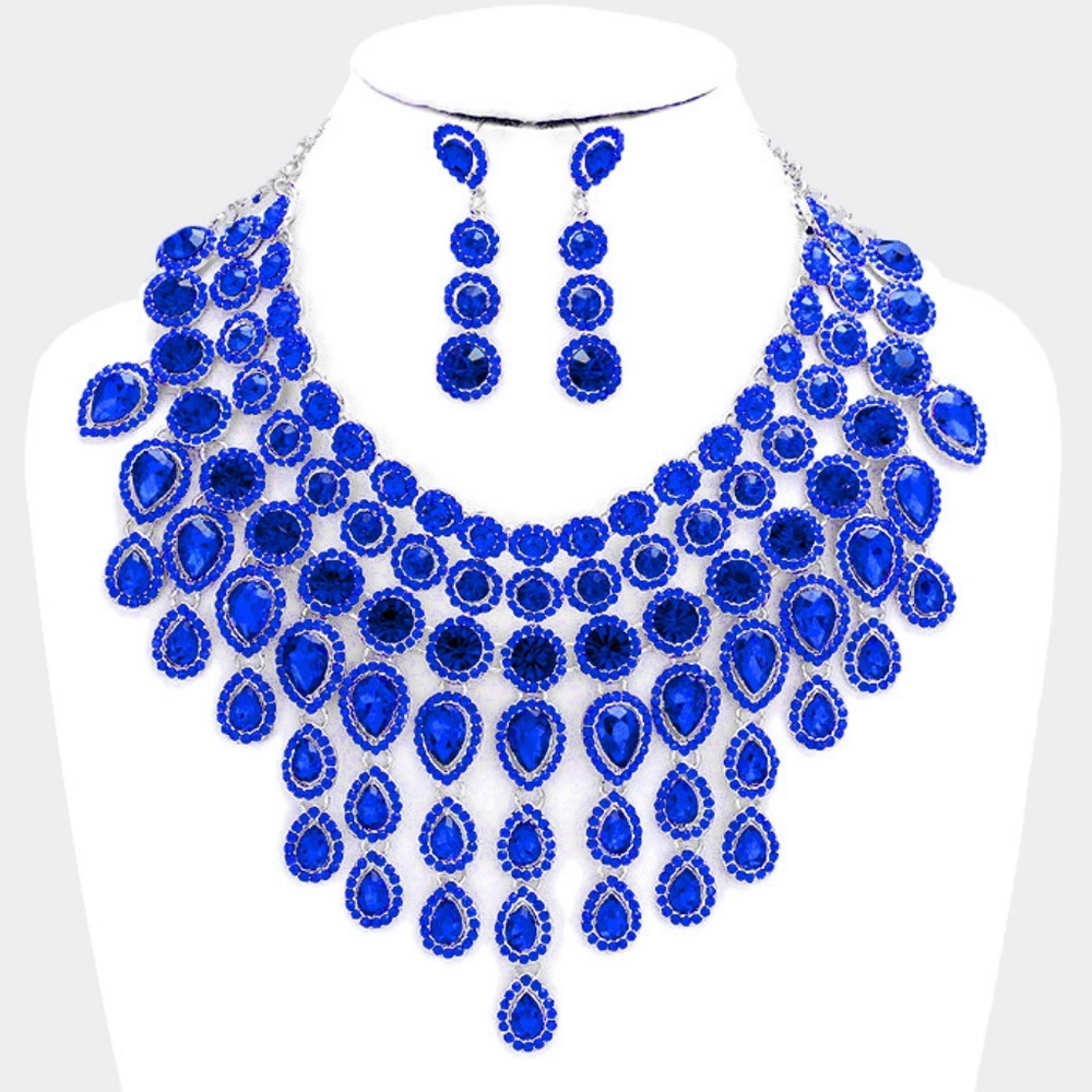 Elegant Sapphire Blue Crystal Choker Necklace Set Waterfall Statement Jewelry